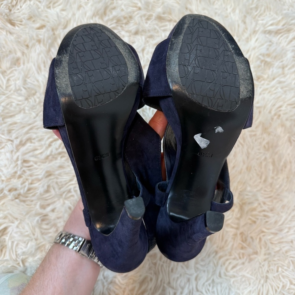 DVF Diane Von Furstenberg Zia Suede 5" Heels Platform Sandals navy blue SZ 8.5M - Picture 7 of 10